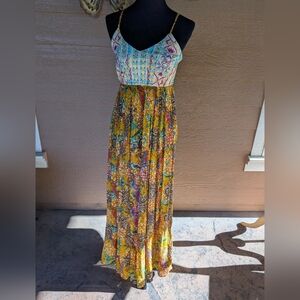Anthropologie RAGA Yellow and Multicolor Floral Maxi Dress w/ Embroidered Bodice